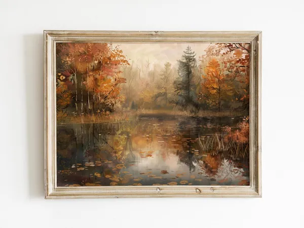 Vintage Fall Pond Landscape, Rustic Farmhouse Art Print