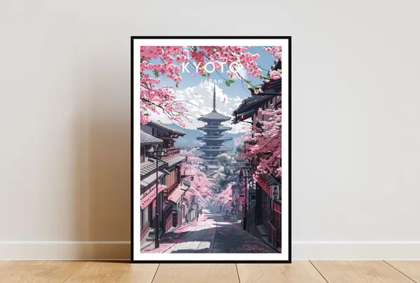 Kyoto Travel Poster, Japan Temple and Blossom Trees