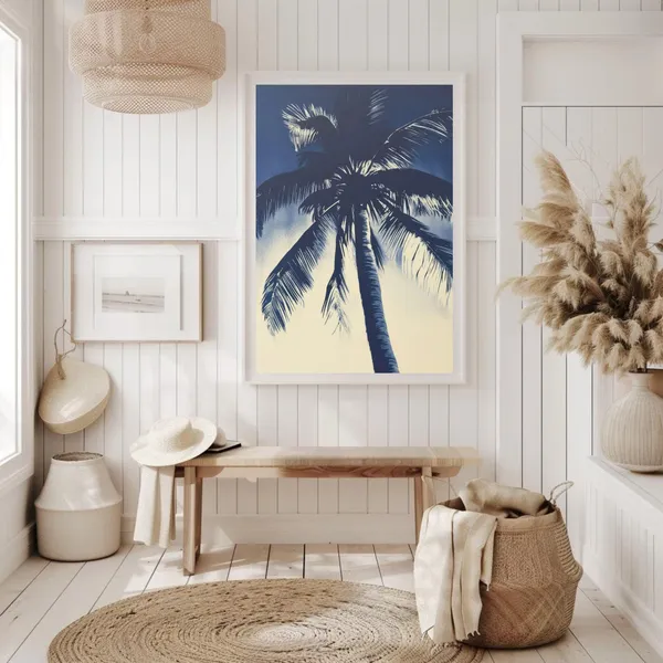 Navy Blue Palm Tree Retro Poster, Coastal Decor