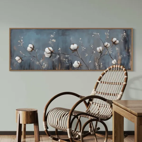 Rustic Cotton Plant Panoramic Art Print, Farmhouse Decor