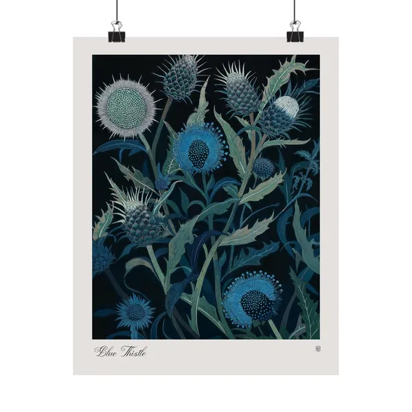 Blue Thistle Floral Art Print, Rustic Woodcut Style