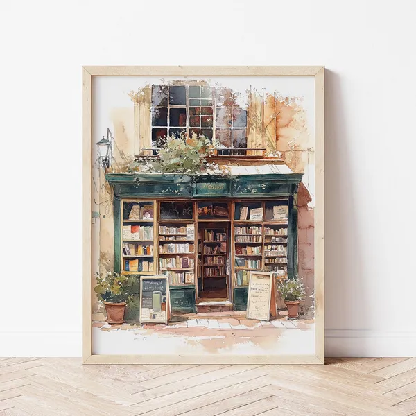Bookshop Exterior Watercolor Art Print, Bookish Decor