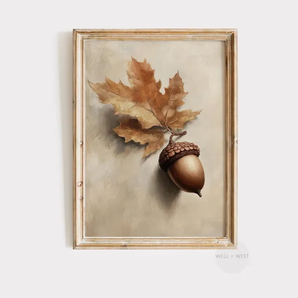 Autumn Acorn Print, Vintage Rustic Neutral Fall Art