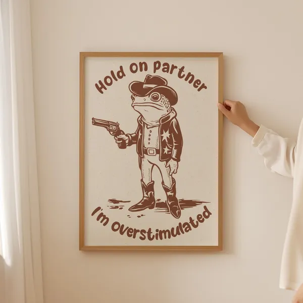 Funny Overstimulated Cowboy Frog Art Print, Dorm Decor