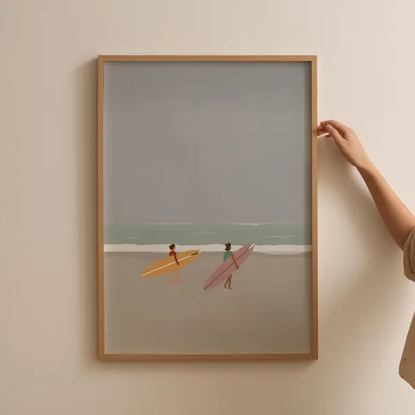 Surfers at Beach Minimalist Art Print, Beach House Decor