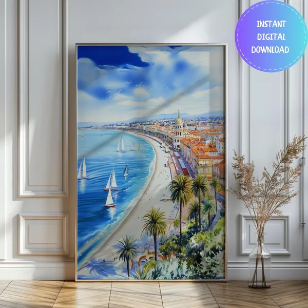 Watercolor France Nice Travel Poster, French Riviera