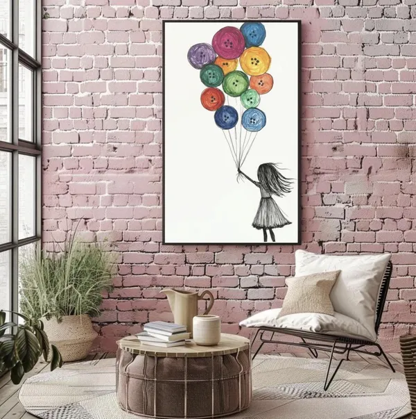 Girl With Buttons and Balloons, Cute Wall Art Print