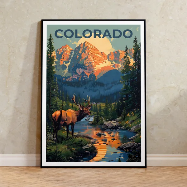 Colorado Rockies Travel Poster, Deer Art Print