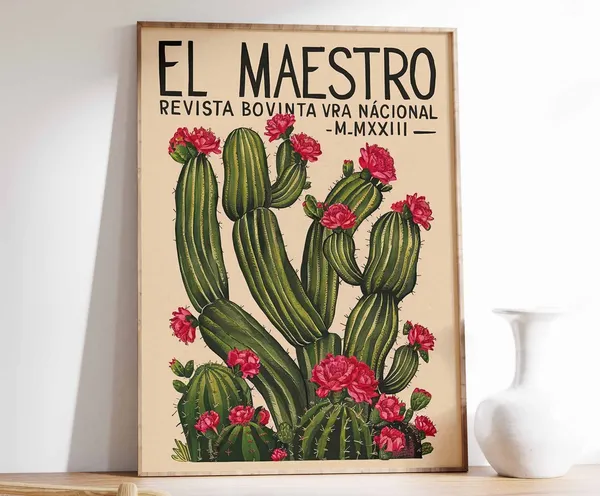 Vintage Mexican Cactus Poster, Floral Latin Decor