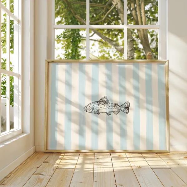 Blue Striped Fish Art Print, Coastal Cottagecore