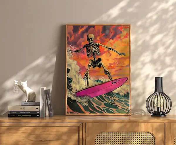 Skeleton Surf Vintage Halloween Art Print