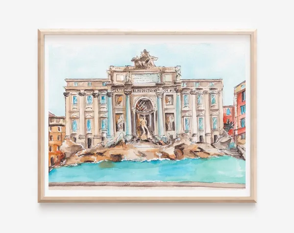 Trevi Fountain Watercolor Travel Poster, Rome