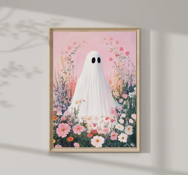 Halloween Ghost Pink Art Print, Girls Room Decor
