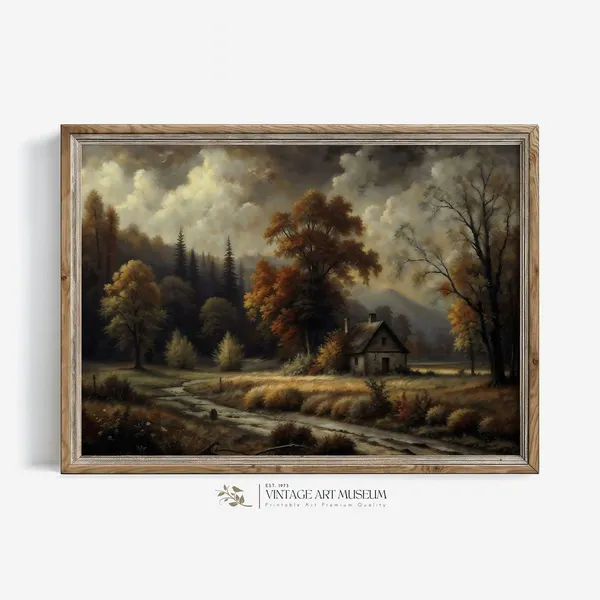 Moody Autumn Rural Fall Landscape, Vintage Oil Print
