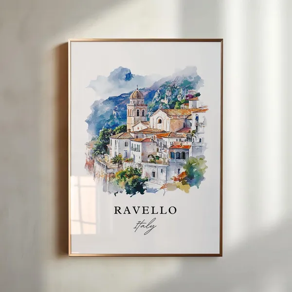 Ravello Italy Watercolor Travel Poster, Amalfi Coast