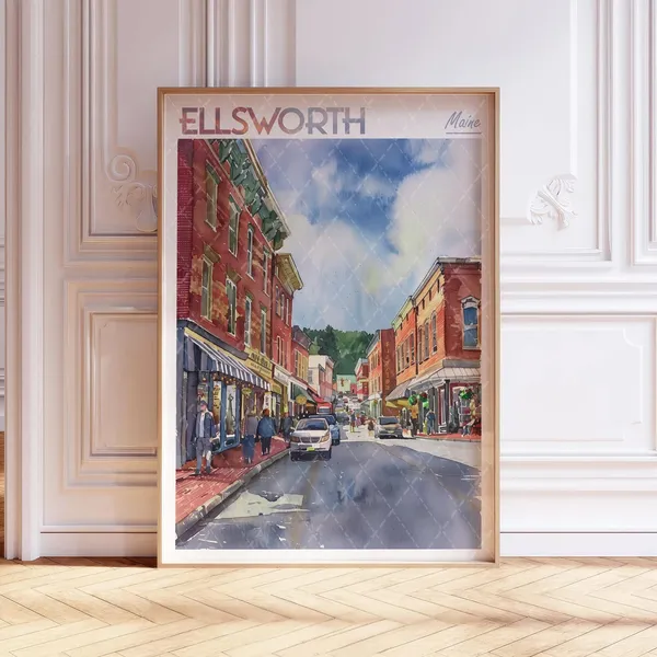 Ellsworth Maine Watercolor Travel Poster, Beach Scene
