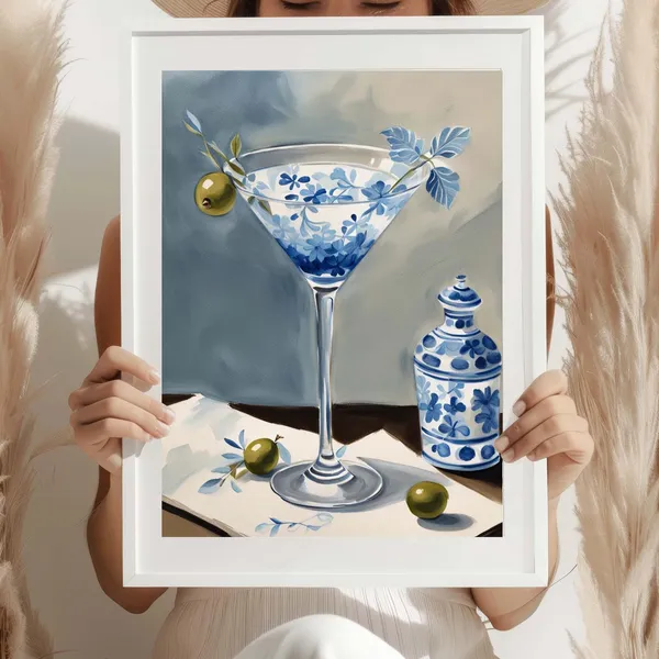 Blue Chinoiserie Bar Cart Art Print, Preppy Decor