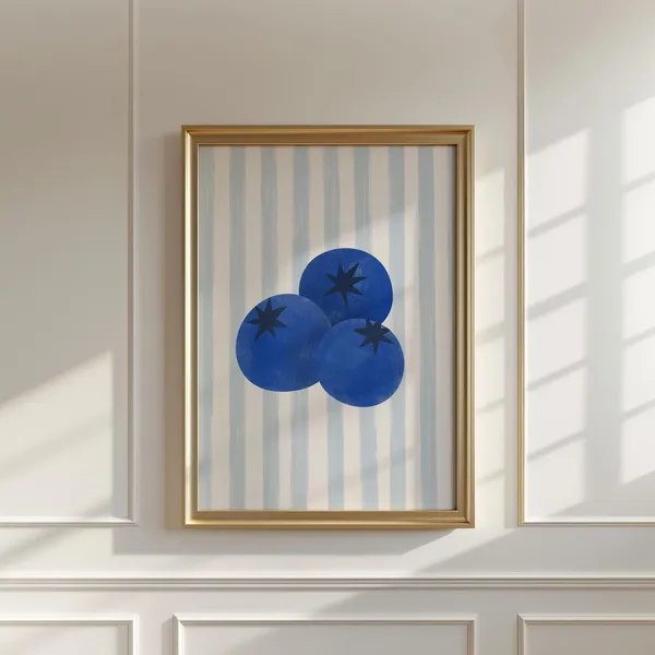 Blue Striped Berry Floral Art Print, Vintage Cottage