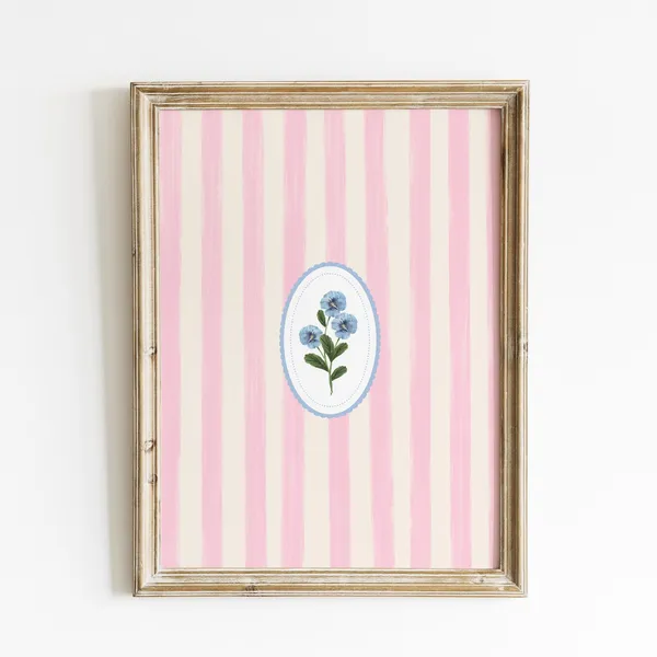 Pink Striped Floral Art Print, Vintage Cottage Decor