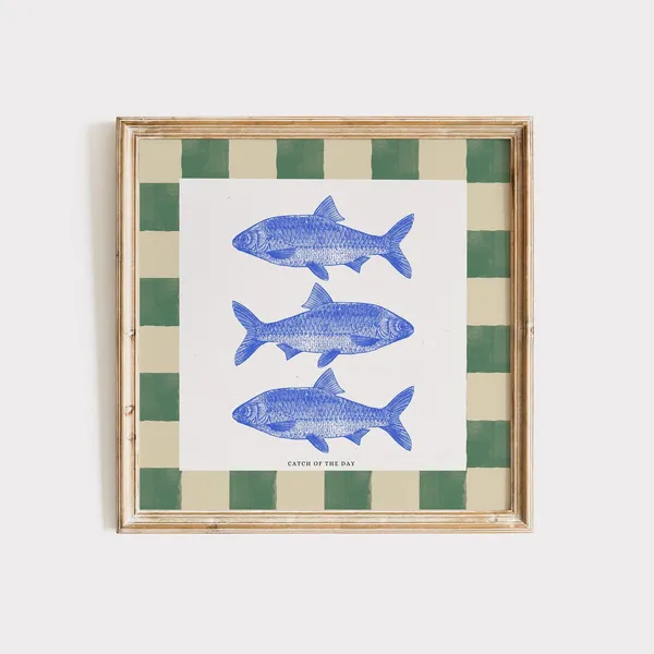Salmon Illustration Art Print, Blue Thin Line Decor