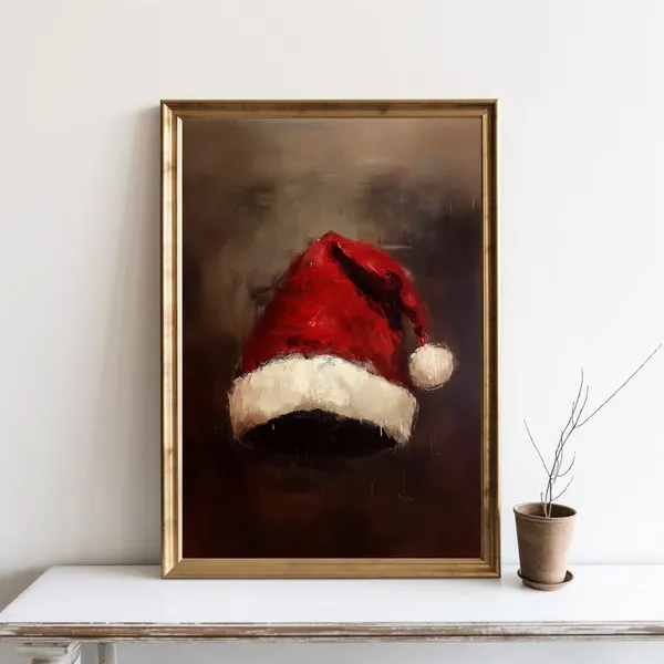 Santa Hat Painting Christmas Still Life, Rustic Vintage Poster