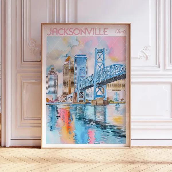 Jacksonville Watercolor Travel Poster, Florida City