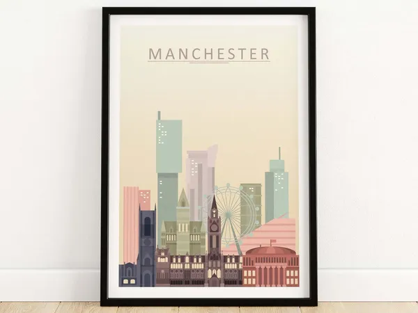 Manchester Skyline Travel Poster, Cityscape Wall Art