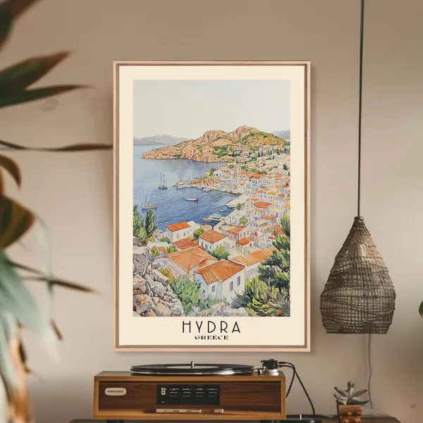 Hydra Greece Watercolor Art Print, Beach Decor
