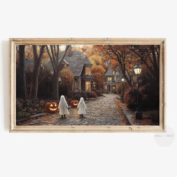 Halloween Fall Village Landscape, Vintage Art Print