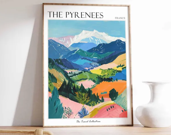 Pyrenees Vintage Travel Poster, France Mountain Print