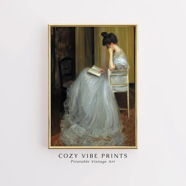 Victorian Woman Reading Book, Vintage Bedroom Art Print