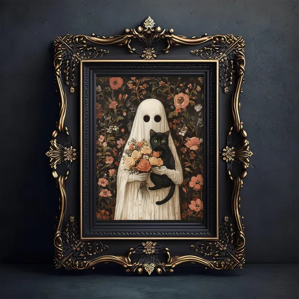 Ghost And Black Cat With Rose Bouquet, Whimsigoth Poster