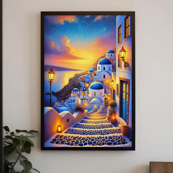 Santorini Evening Starry Sky Painting, Greek Coastal Art Print