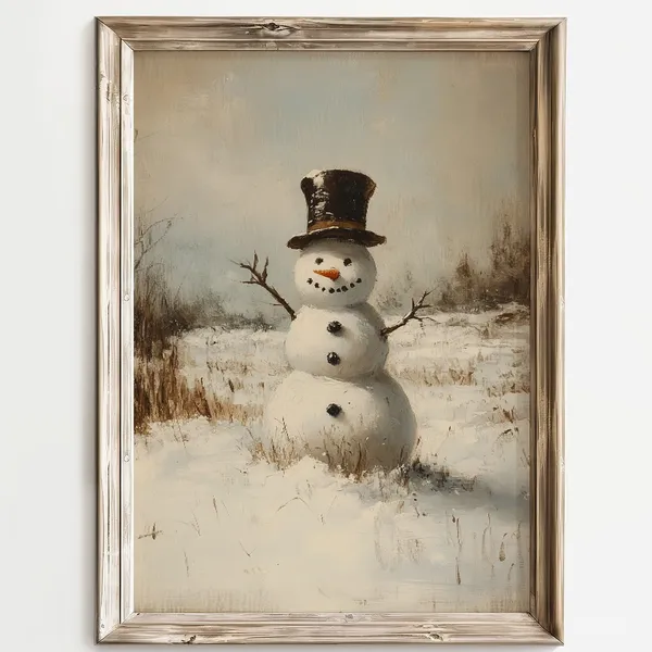 Vintage Snowman Winter Landscape, Rustic Art Print