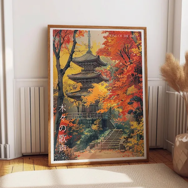 Japanese Pagoda Fall Landscape, Autumn Leaves Art Print