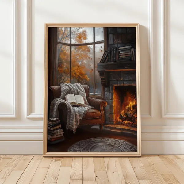 Cozy Autumn Reading Nook Art Print, Rustic Decor