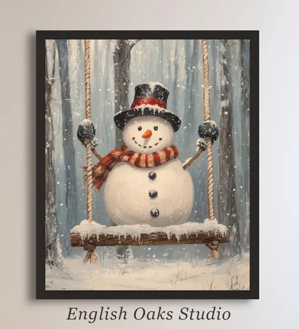 Vintage Snowman on a Swing Winter Landscape Print