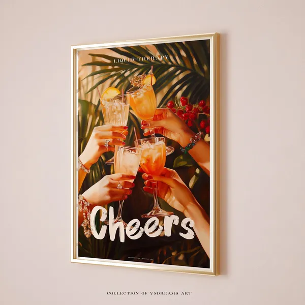 Retro Cheers Cocktail Poster, Bar Cart Decor