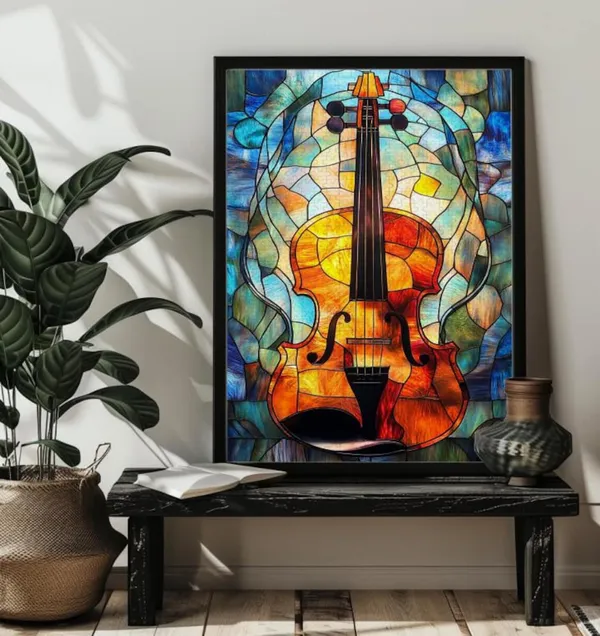 Van Gogh-Inspired Stained Glass Violin Art Print