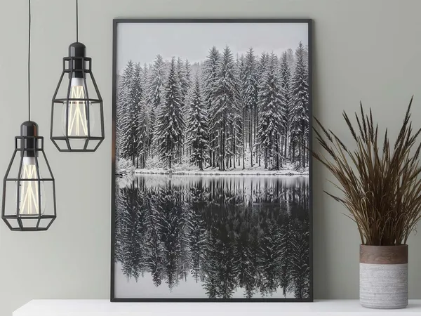 Snowy Lake In The Forest, Black And White Nature Art Print