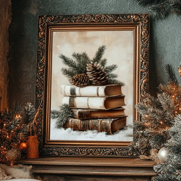 Vintage Old Books and Pine Cones Christmas Wall Art Print