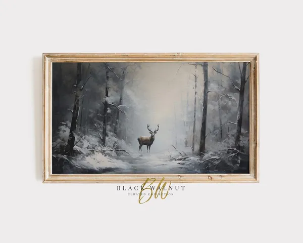 Deer In Snow Winter Landscape, Holiday Decor
