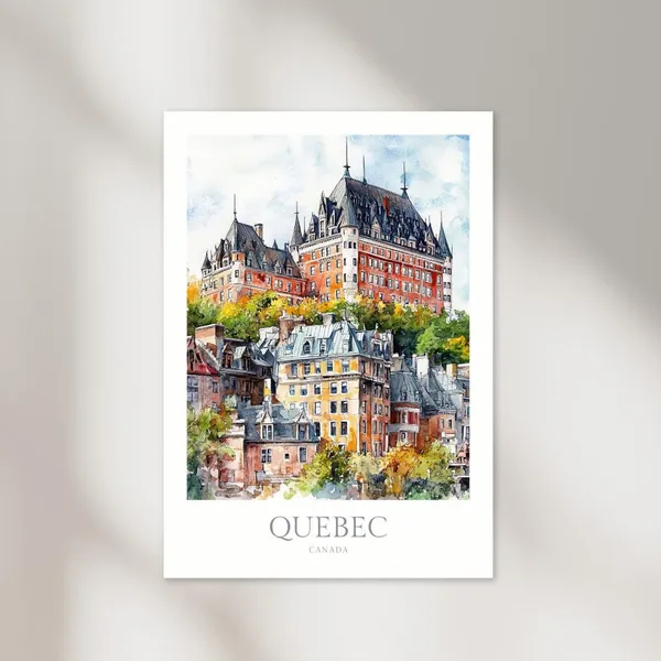 Quebec Canada Watercolor Travel Poster, Wall Art
