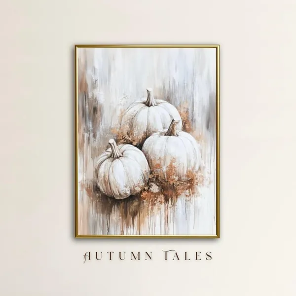 Pumpkin Patch Still Life, Moody Neutral Autumn Art Print