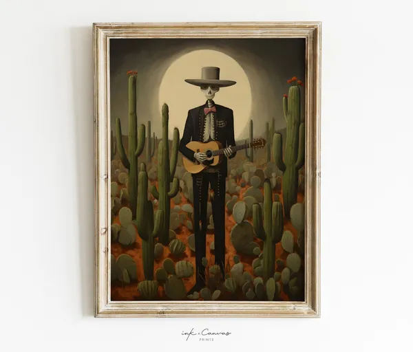 Dia De Los Muertos Skeleton Guitar Vintage Art Print