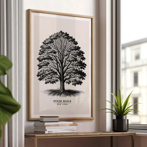 New York State Tree Sugar Maple Vintage Sketch Poster