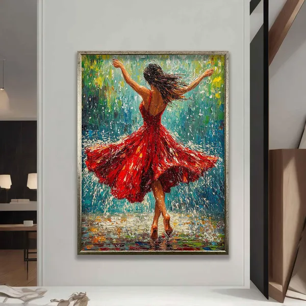 Woman Dancing Under the Rain, Oil Painting Art Print