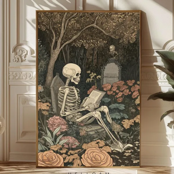Skeleton Reading Halloween Vintage Poster Print