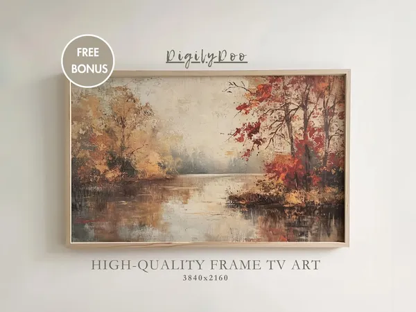 Vintage Autumn Lake Art Print, Moody Rustic Decor
