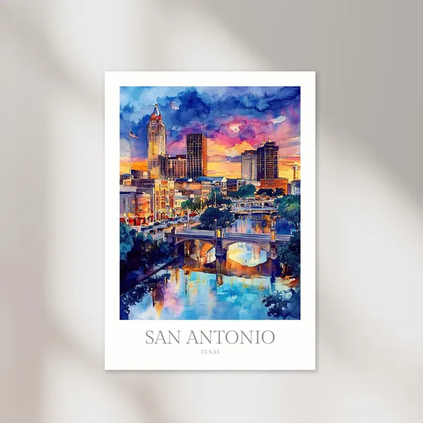 San Antonio Texas Watercolor Travel Poster Print